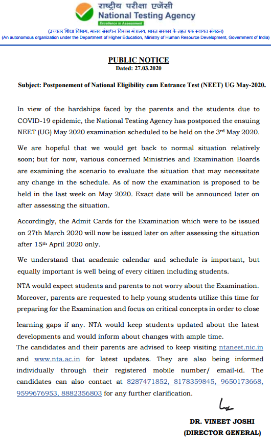 NTA Postponed NEET 2020